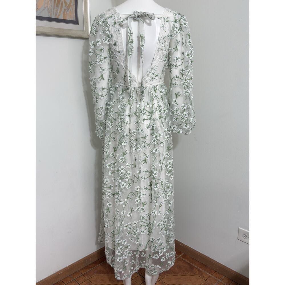 Ever After Floral Embroidered Maxi Dress Cottagecore Wedding Guest Long Sleeve S - Picture 4 of 16